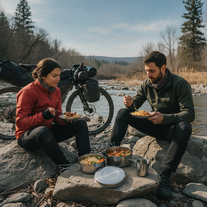 Deux cyclistes partageant un repas préparé avec le kit de cuisine inox au bord d'une rivière