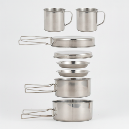 Kit de cuisine inox 8 pièces pour camping — vue éclatée studio