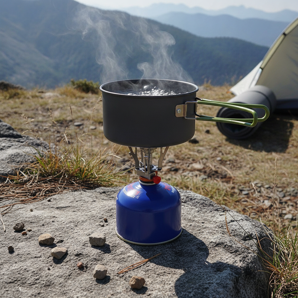 Réchaud à gaz vissé directement sur une cartouche avec une casserole en ébullition, bivouac de montagne