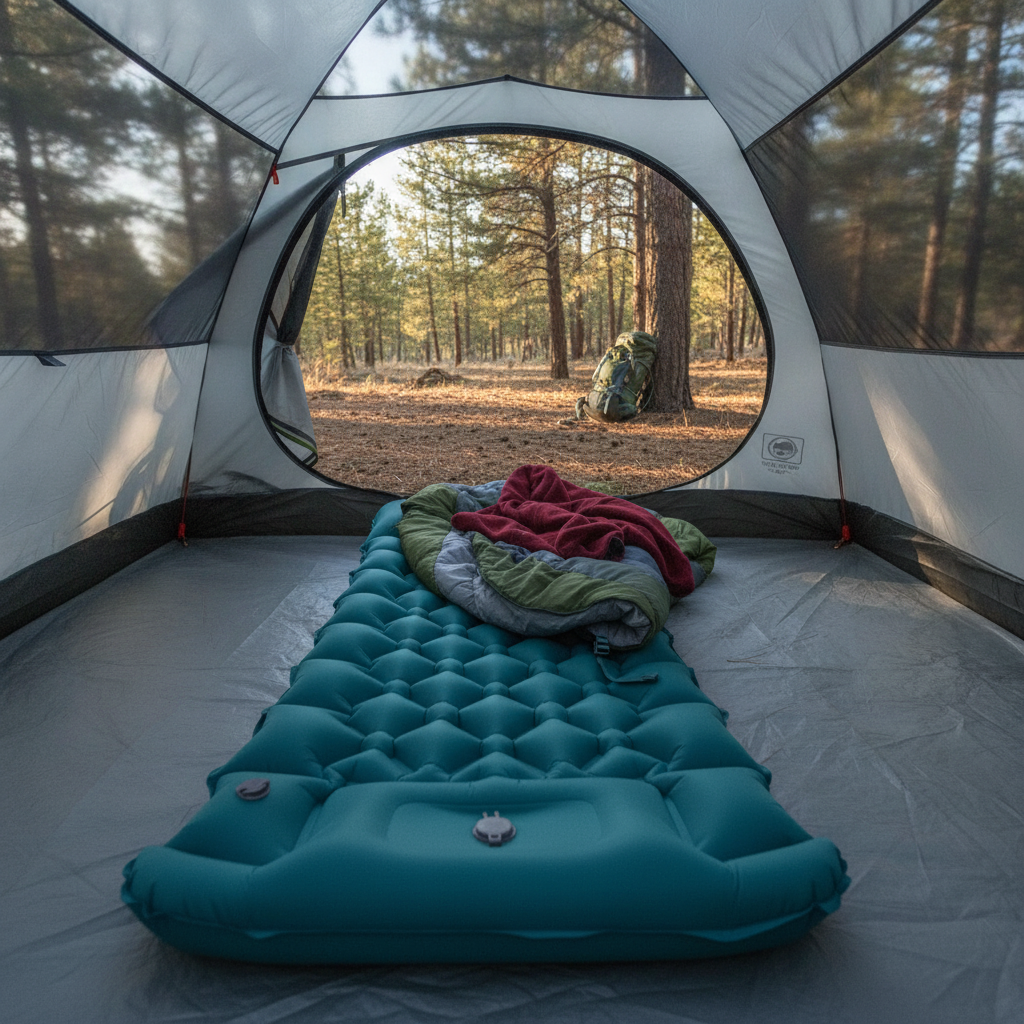 Matelas gonflable bleu paon installé dans une tente avec un sac de couchage posé dessus