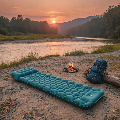 Matelas gonflable installé en plein air au bord d'une rivière au coucher du soleil