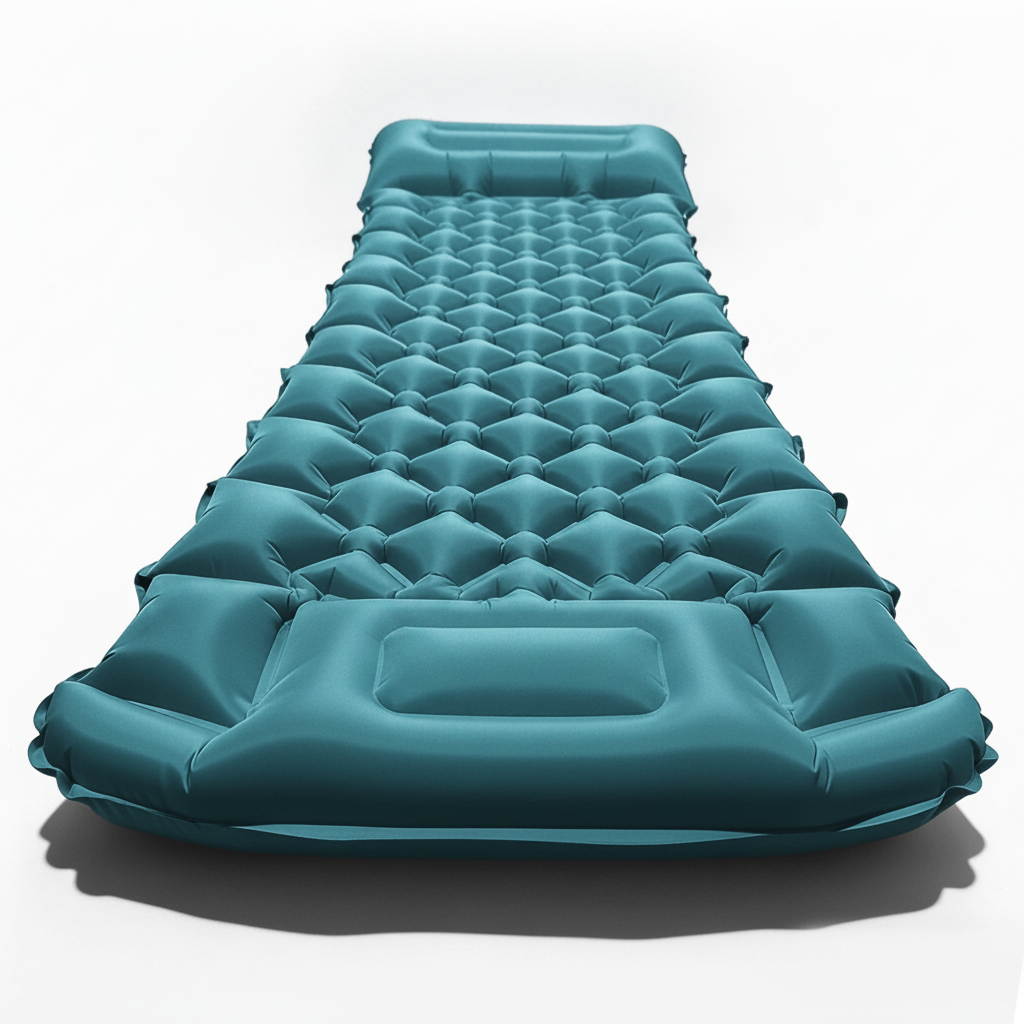 Matelas gonflable camping bleu paon avec oreiller intégré — vue studio