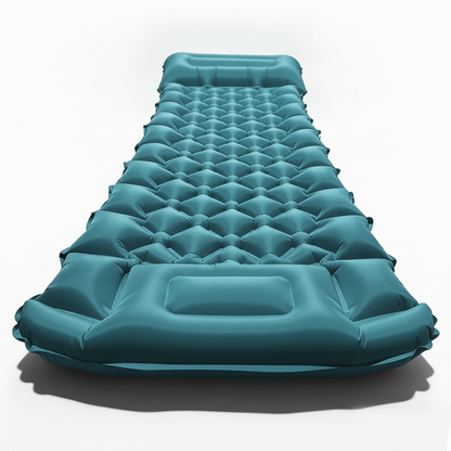 Matelas gonflable camping bleu paon avec oreiller intégré — vue studio