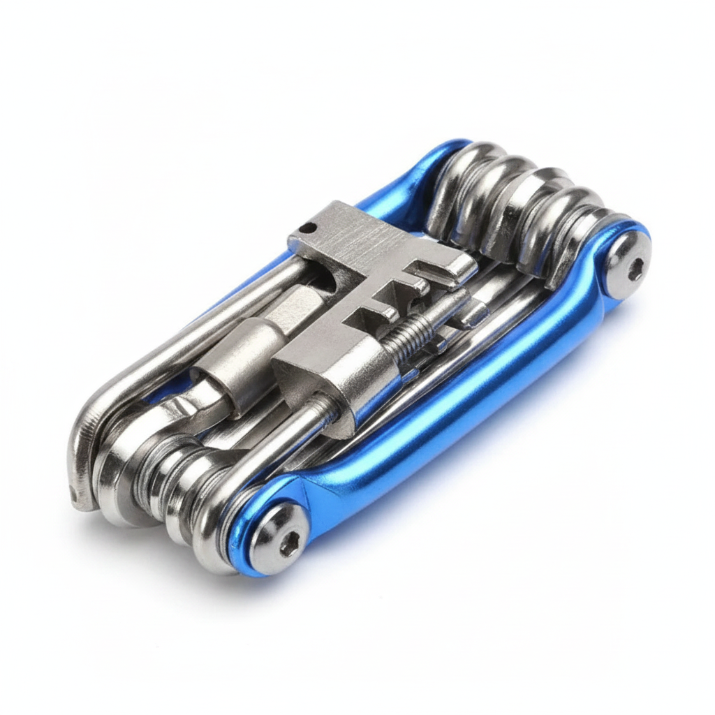 Outil multifonction vélo 11-en-1 bleu, position fermée — vue studio