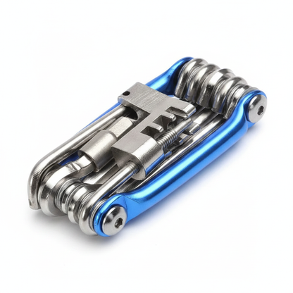 Outil multifonction vélo 11-en-1 bleu, position fermée — vue studio