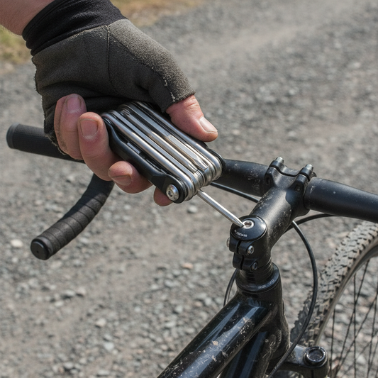 Main gantée tenant l'outil multifonction vélo 11-en-1 ouvert, en train de régler un boulon sur la potence d'un guidon, dépannage en bord de chemin