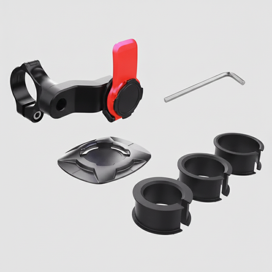 Support téléphone guidon vélo avec clip rouge et accessoires — vue studio