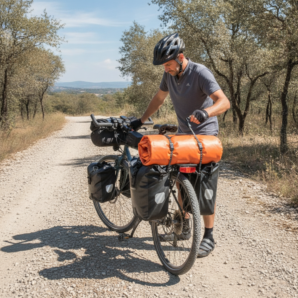 Sandow élastique fixant un sac étanche orange sur le porte-bagage d'un vélo de voyage