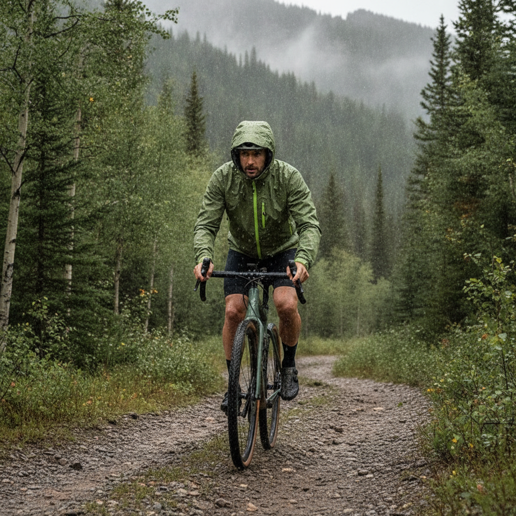 Cycliste portant la veste softshell vert olive sous la pluie sur un chemin de gravel en montagne