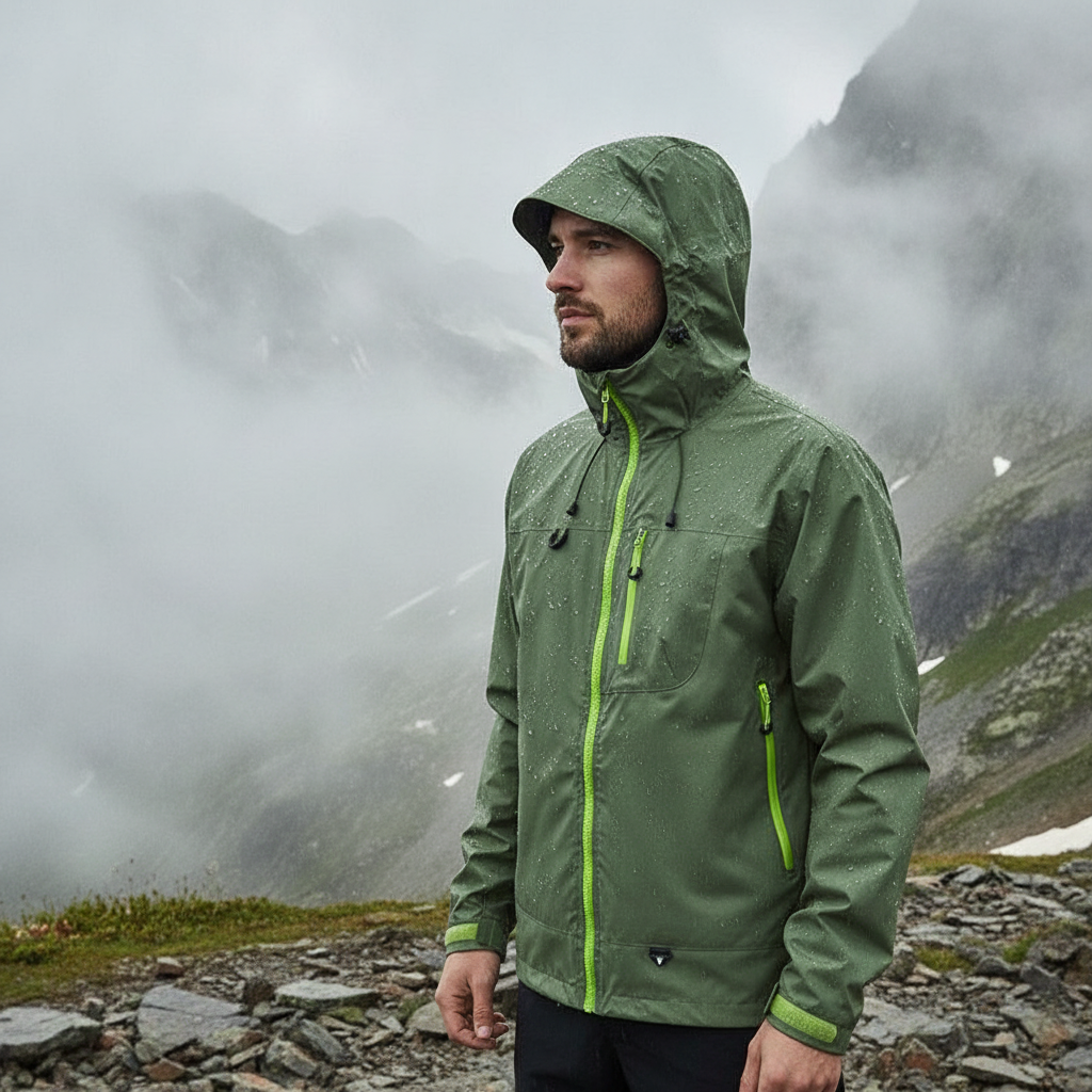 Randonneur portant la veste softshell vert olive à capuche à un point de vue brumeux en montagne