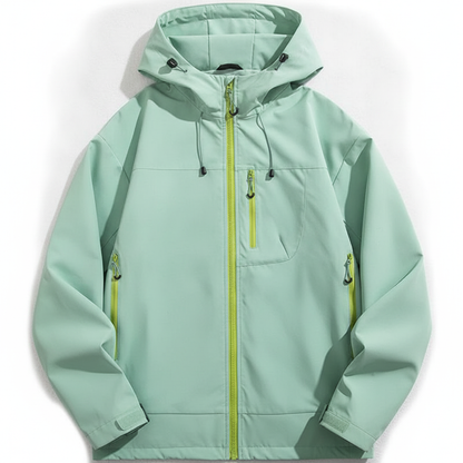Veste softshell impermeable vert clair posée à plat — vue studio