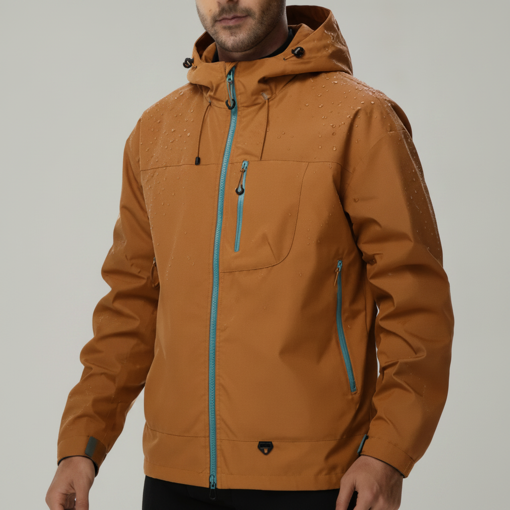 Veste softshell imperméable coloris orange, portée, vue studio rapprochée avec gouttes d'eau sur le tissu