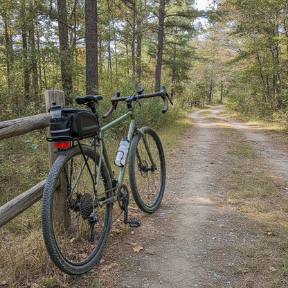 Sacoche de porte-bagage rigide Velotrip fixée sur un vélo de gravel garé sur un chemin forestier
