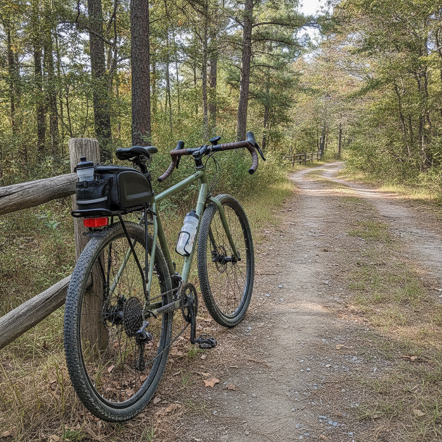 Sacoche de porte-bagage rigide Velotrip fixée sur un vélo de gravel garé sur un chemin forestier