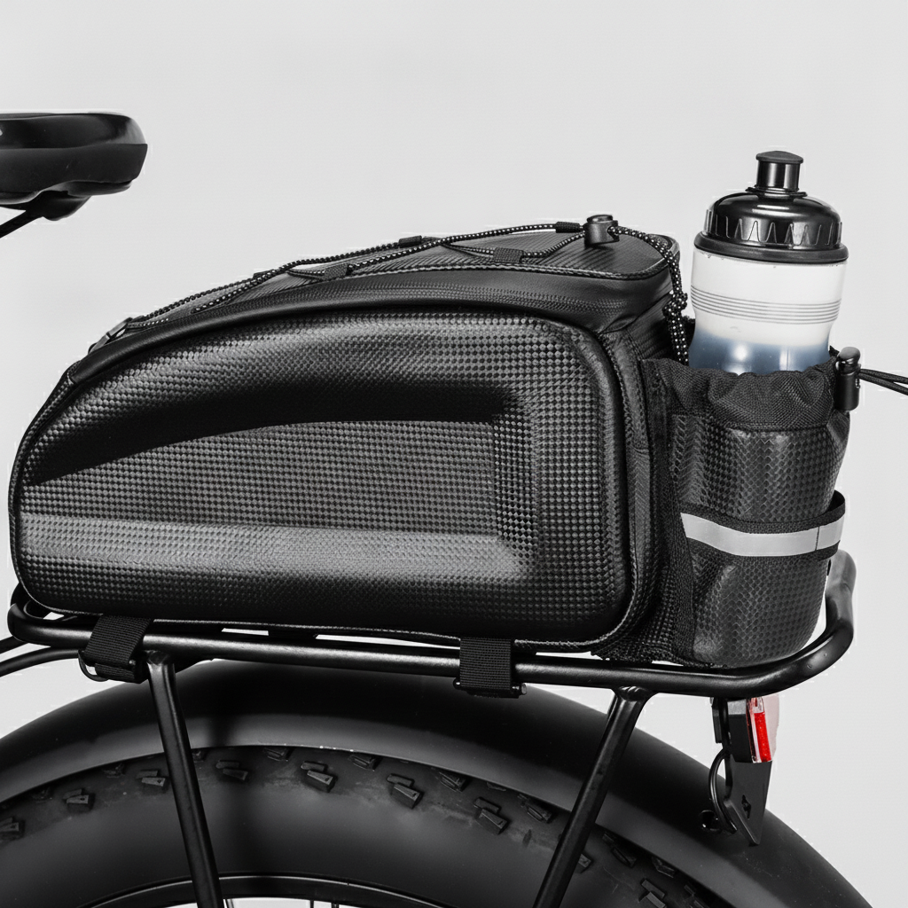 Sacoche de porte-bagage rigide Velotrip, vue studio en gros plan avec porte-bidon