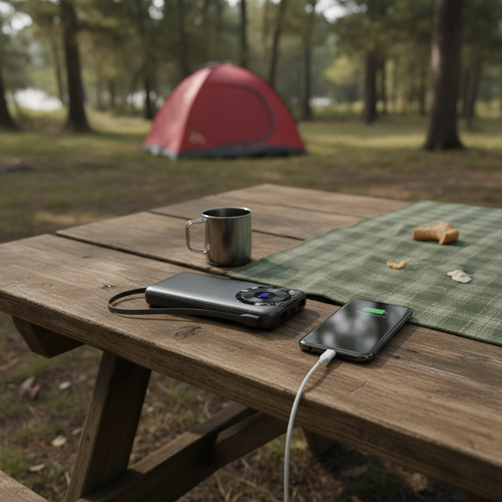 Batterie externe Velotrip posée sur une table de pique-nique au camping, en train de recharger un téléphone