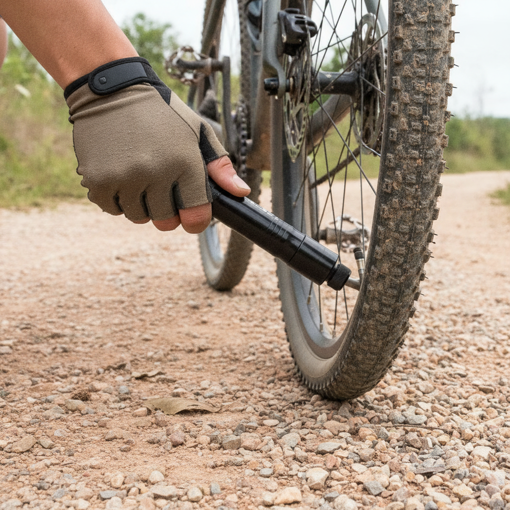 Gonfleur CO2 Velotrip tenu en main près de la valve d'un pneu de vélo sur un chemin de gravier