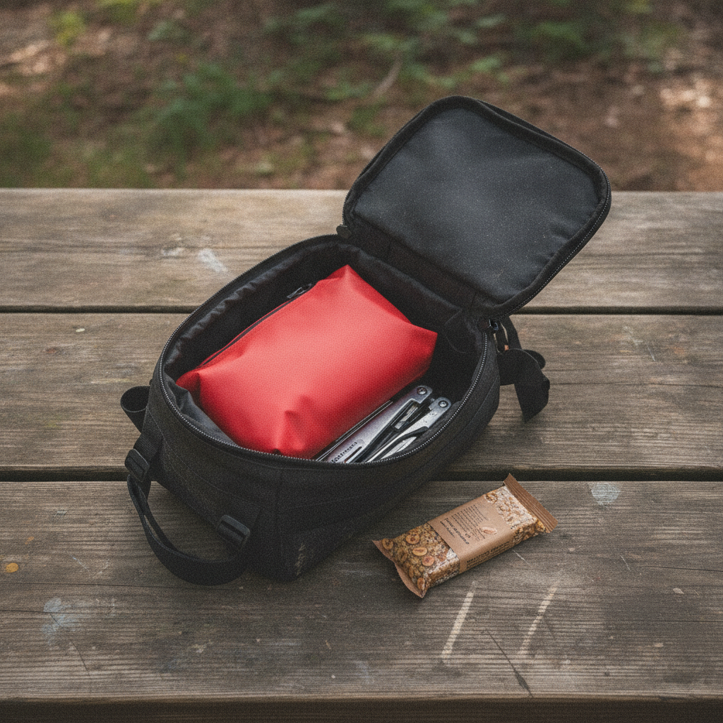 Trousse de premiers secours Velotrip fermée, rangée dans une sacoche ouverte à côté d'un multi-outil et d'une barre énergétique