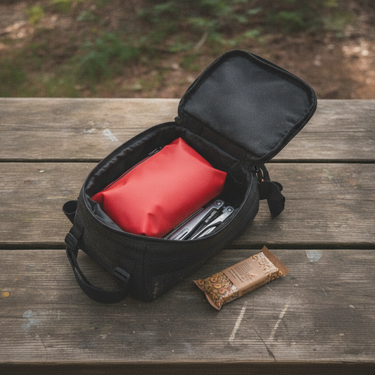 Trousse de premiers secours Velotrip fermée, rangée dans une sacoche ouverte à côté d'un multi-outil et d'une barre énergétique