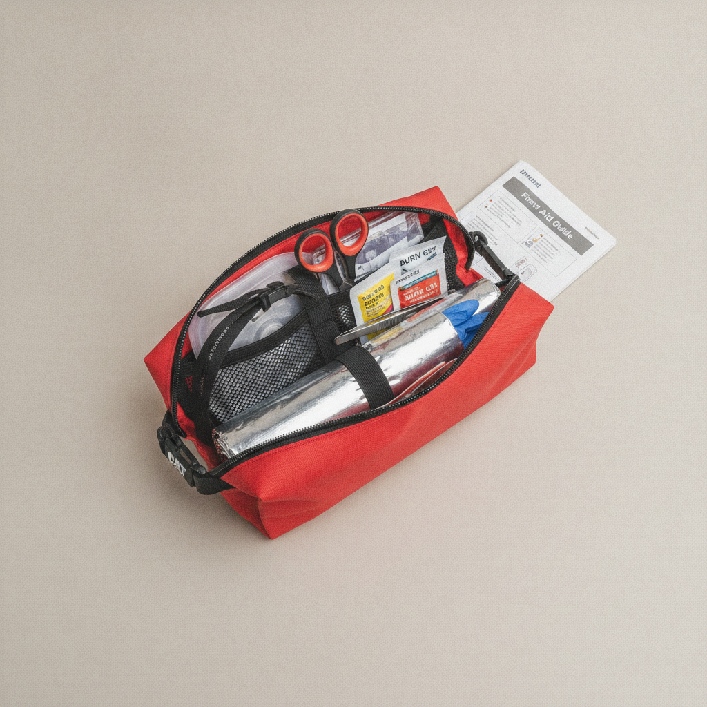 Trousse de premiers secours Velotrip ouverte, montrant son contenu : garrot, masque de RCP, gel brûlure, couverture de survie, ciseaux, pince, gants et guide de premiers secours