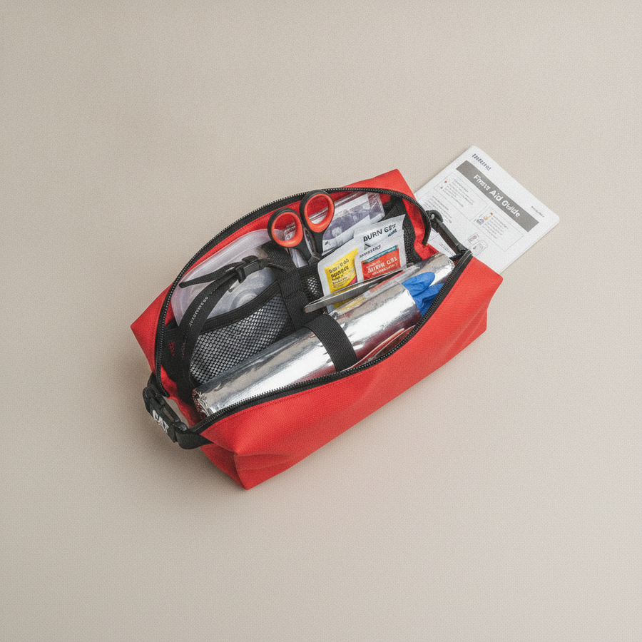 Trousse de premiers secours Velotrip ouverte, montrant son contenu : garrot, masque de RCP, gel brûlure, couverture de survie, ciseaux, pince, gants et guide de premiers secours