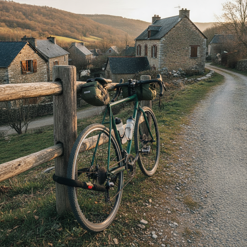 Antivol chaîne vélo enroulé autour d'un poteau de barrière en bois et de la roue arrière d'un vélo gravel chargé légèrement, halte dans un village de pierre au lever du soleil