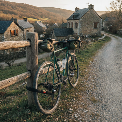 Antivol chaîne vélo enroulé autour d'un poteau de barrière en bois et de la roue arrière d'un vélo gravel chargé légèrement, halte dans un village de pierre au lever du soleil
