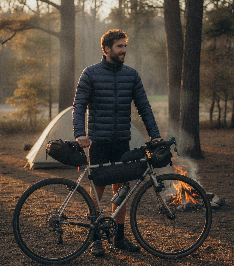 Doudoune marine portée par un cycliste près d'un feu de camp et d'un vélo gravel chargé légèrement, lumière du soir au bivouac