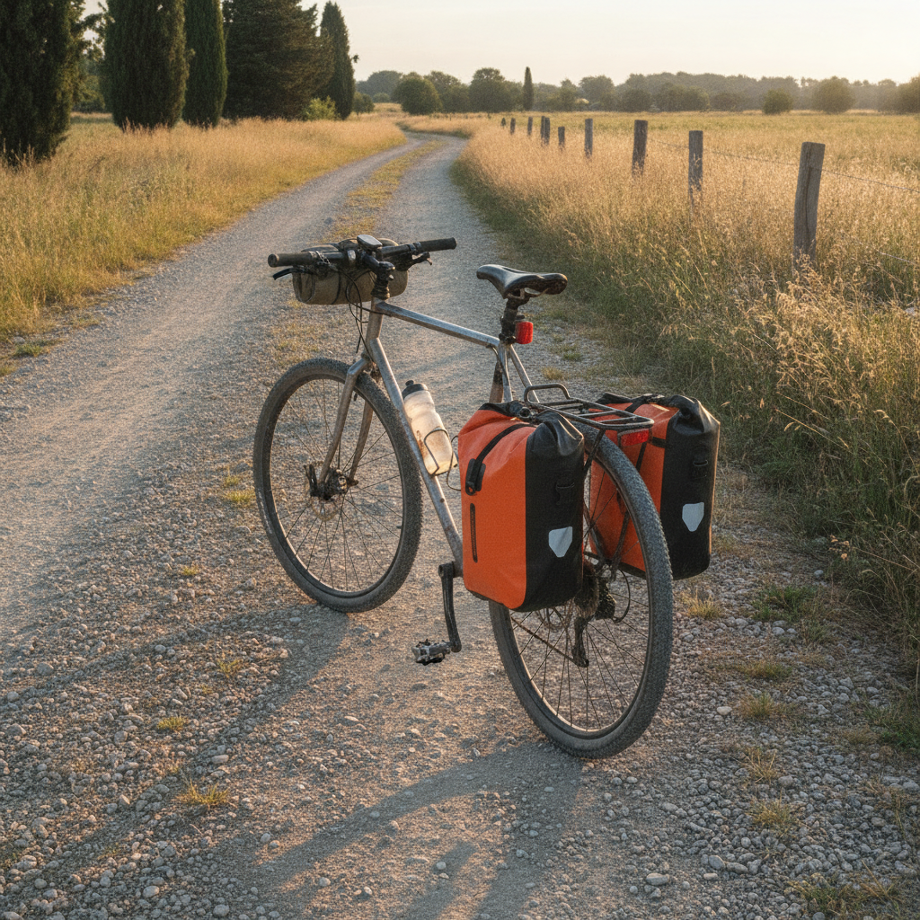 Sacoches étanches orange montées en paire sur un porte-bagage arrière, vélo gravel chargé légèrement sur un chemin de campagne au lever du soleil