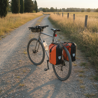 Sacoches étanches orange montées en paire sur un porte-bagage arrière, vélo gravel chargé légèrement sur un chemin de campagne au lever du soleil