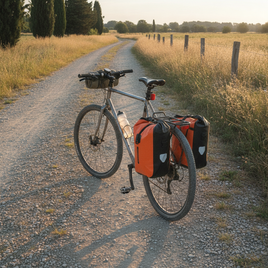 Sacoches étanches orange montées en paire sur un porte-bagage arrière, vélo gravel chargé légèrement sur un chemin de campagne au lever du soleil